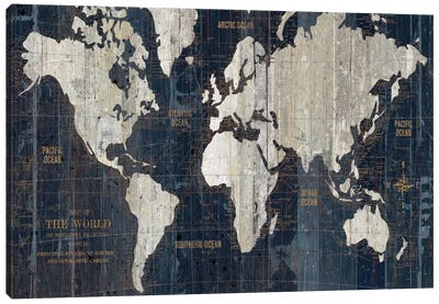 Old World Map Blue Canvas Art Print - 3-Piece Map Art