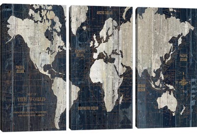 Old World Map Blue Canvas Art Print - 3-Piece Vintage Art