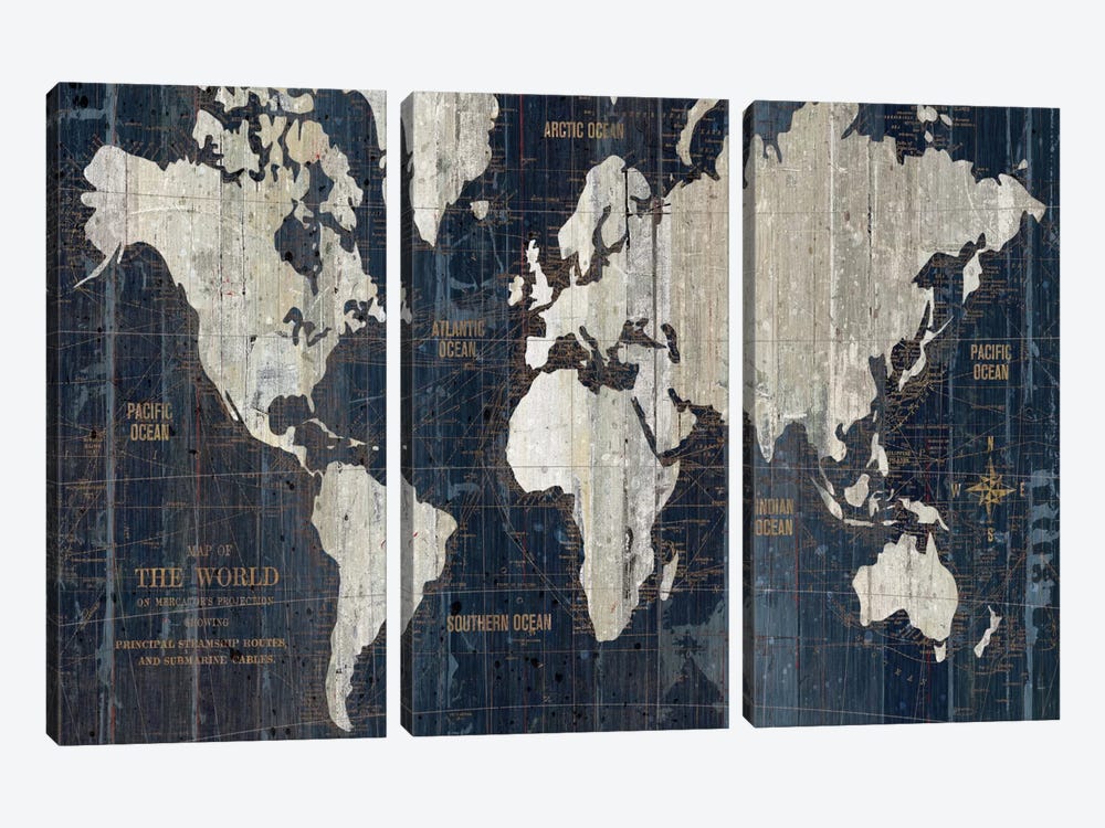Old World Map Blue by Wild Apple Portfolio 3-piece Canvas Artwork