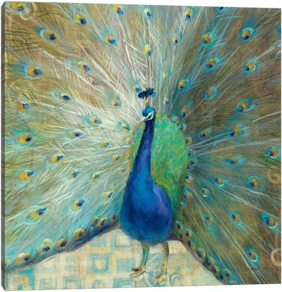 Blue Peacock on Gold Canvas Art Print - Asian Décor