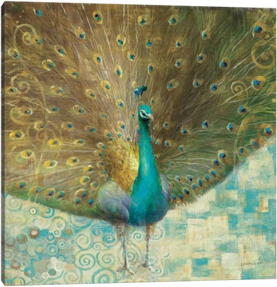 Teal Peacock on Gold Canvas Art Print - Blue & Gold Art