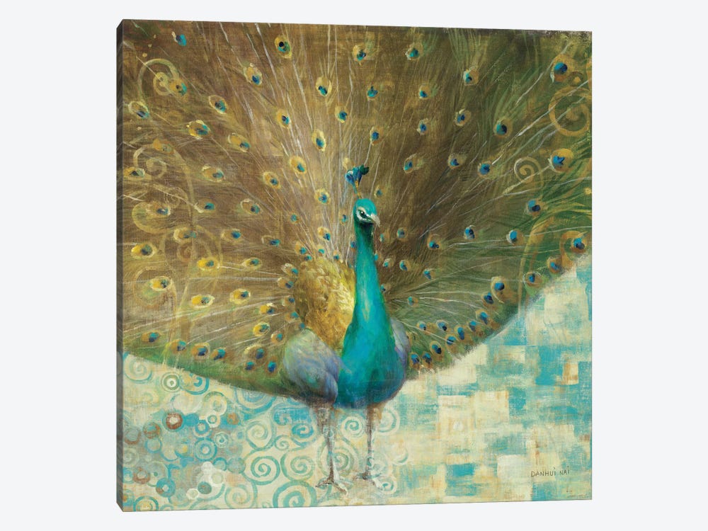 Teal Peacock on Gold by Danhui Nai 1-piece Canvas Print