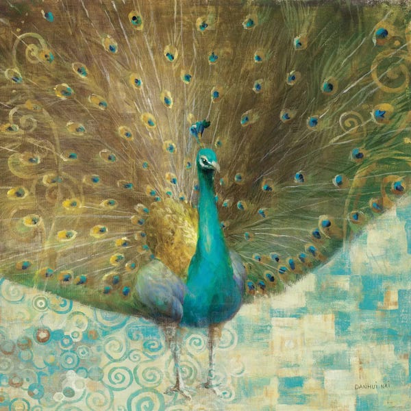 Danhui Nai: Teal Peacock on Gold by Danhui Nai