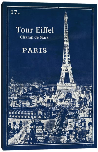 Blueprint Eiffel Tower Canvas Art Print - Navy & Neutrals