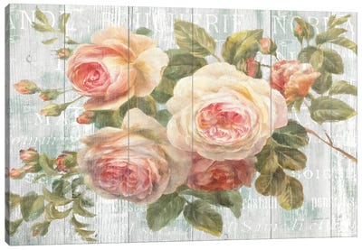 Vintage Roses on Driftwood Canvas Art Print - French Country Décor