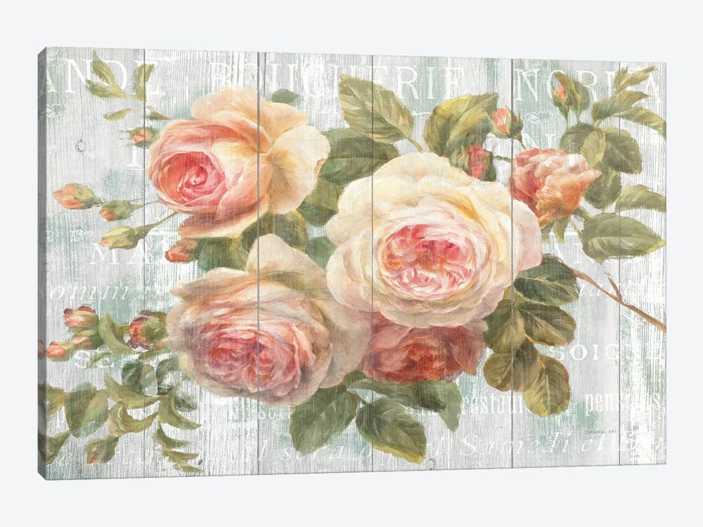 Vintage Roses on Driftwood by Danhui Nai 1-piece Canvas Artwork