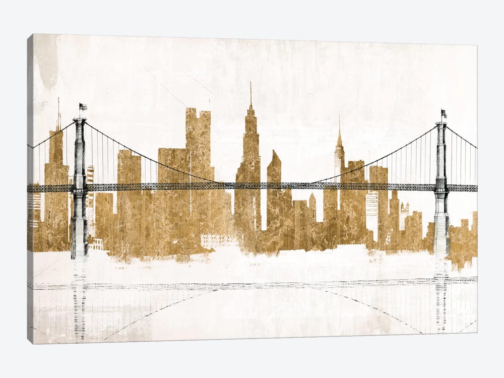 Bridge and Skyline Gold 1-piece Canvas Art