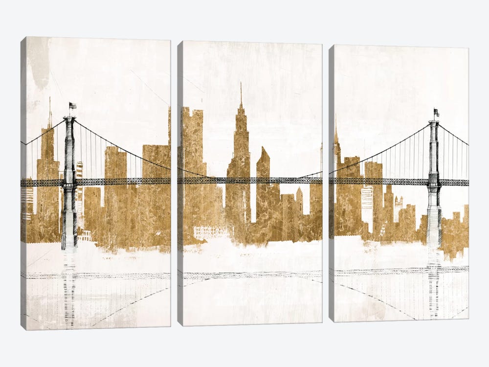Bridge and Skyline Gold 3-piece Canvas Artwork