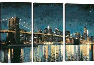 Bright City Lights I (Blue) Canvas Art Print - 3-Piece Urban Art