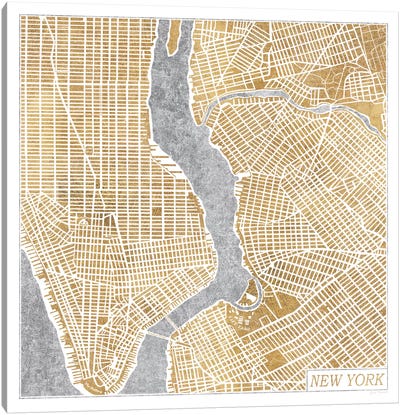 Gilded New York Map Canvas Art Print - Minimalist Maps