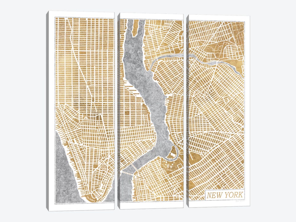 Gilded New York Map by Laura Marshall 3-piece Canvas Print