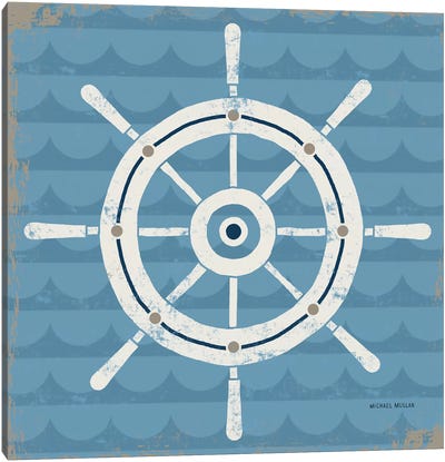 Nautical Helm Canvas Art Print - Blue & White Art