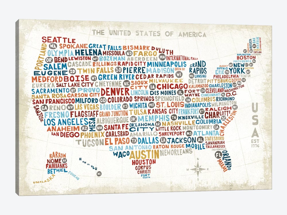 US City Map by Michael Mullan 1-piece Canvas Art Print