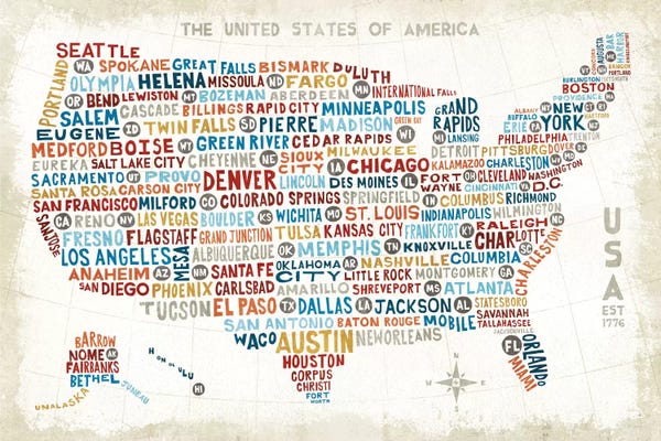 Large Map Art - Canvas Prints: US City Map by Michael Mullan