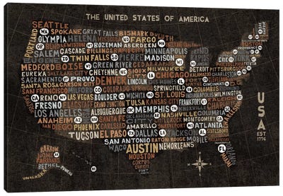 US City Map (Black with States) Canvas Art Print - Kids Educational Art
