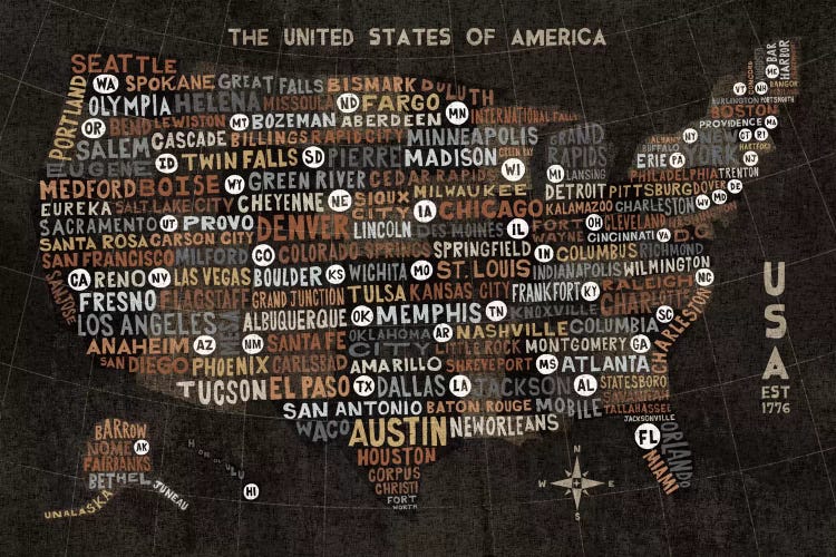 US City Map (Black with States) by Michael Mullan wall art