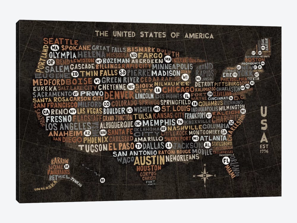 US City Map (Black with States) by Michael Mullan 1-piece Canvas Art