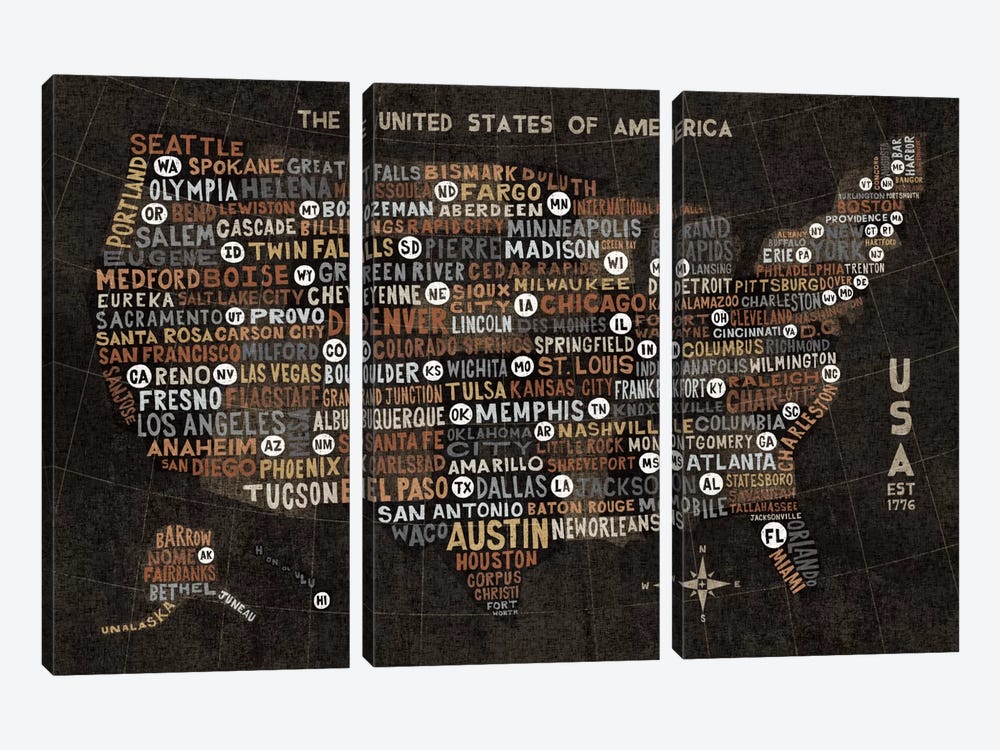 US City Map (Black with States) 3-piece Canvas Wall Art