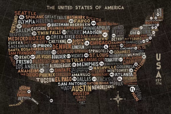 Kids Map Art: US City Map (Black with States) by Michael Mullan