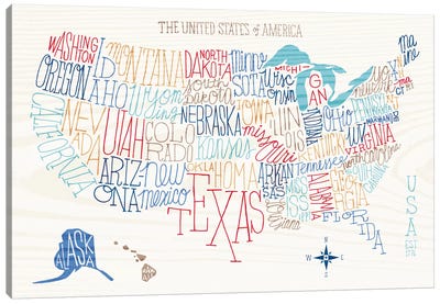 Hand Lettered US Map Canvas Art Print - Compass Art