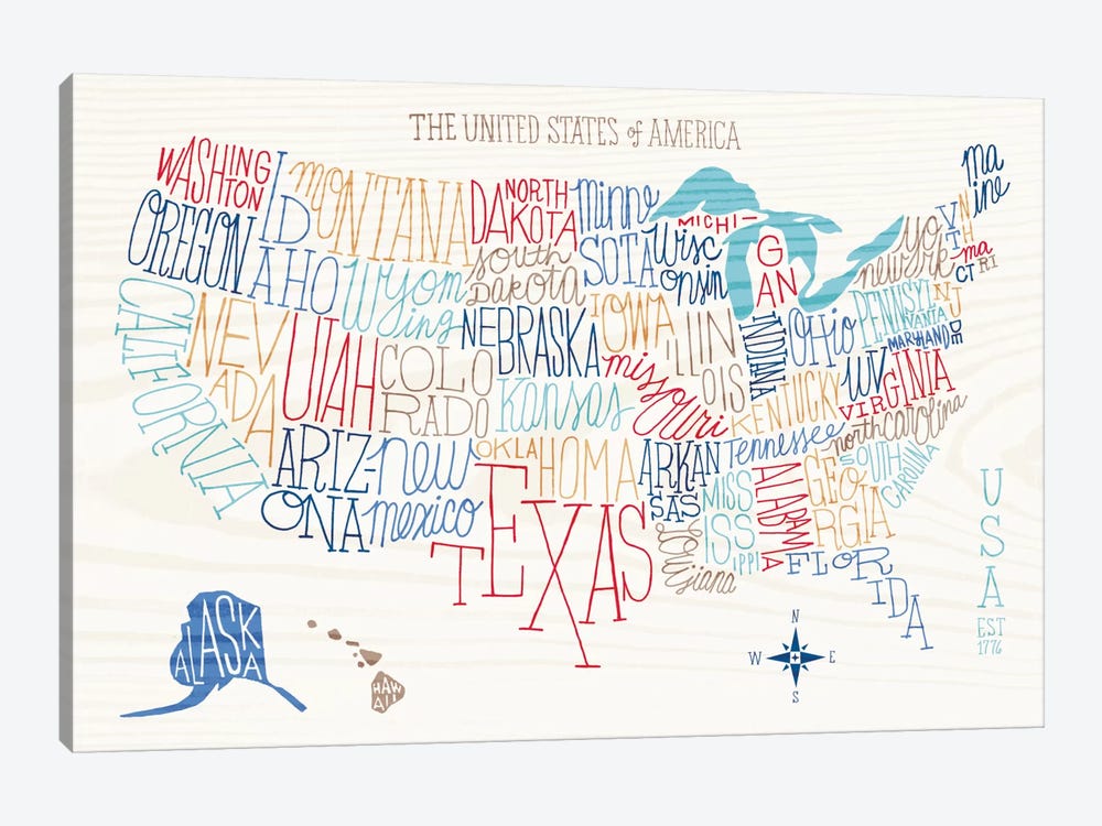 Hand Lettered US Map by Michael Mullan 1-piece Canvas Artwork