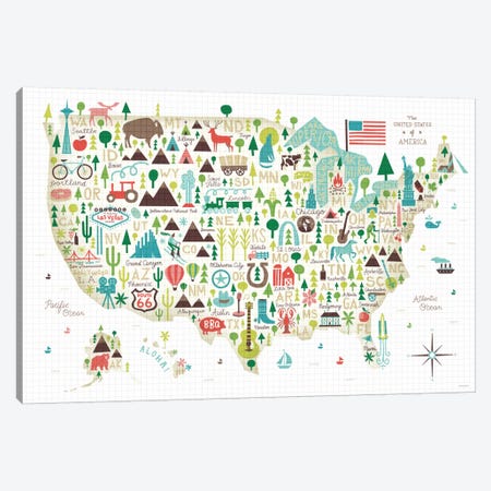 Illustrated USA Map Canvas Print #WAC4317} by Michael Mullan Canvas Art