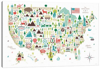 Illustrated USA Map Canvas Art Print - Kids Map Art