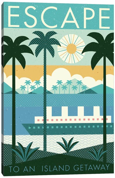 Vintage Travel Poster: ESCAPE Canvas Art Print - Tropical Beach Art
