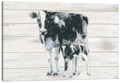Cow And Calf On Wood Canvas Art Print - Farmhouse Kitchen Art