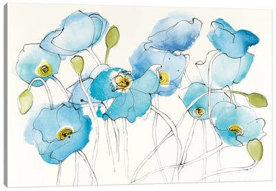 Black Line Poppies III Canvas Art Print - Soft Yellow & Blue