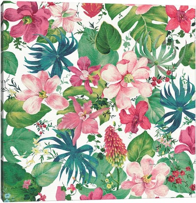 Tropical Dream Bright On White I Canvas Art Print - Green & Pink Art
