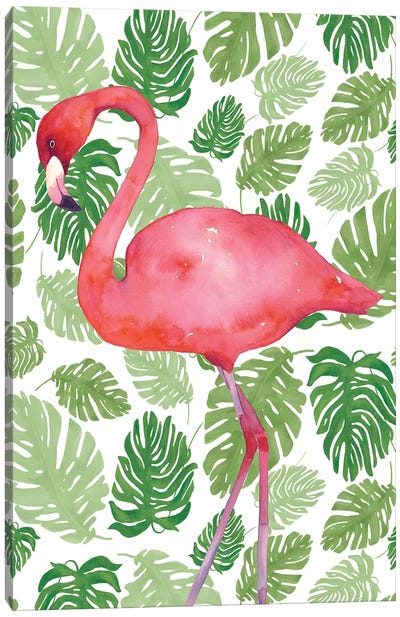 Tropical Flamingo II Canvas Art Print - Green & Pink Art