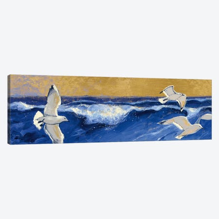 Seagulls with Gold Sky Crop Canvas Print #WAC5406} by Shirley Novak Art Print