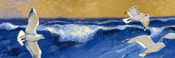 Shirley Novak: Seagulls with Gold Sky Crop by Shirley Novak