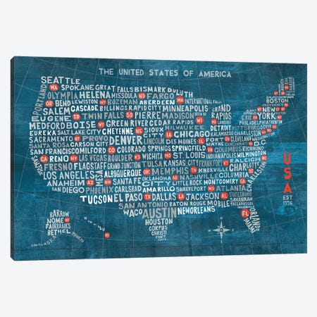 US City Map (Blue with States) Canvas Print #WAC5762} by Michael Mullan Canvas Print
