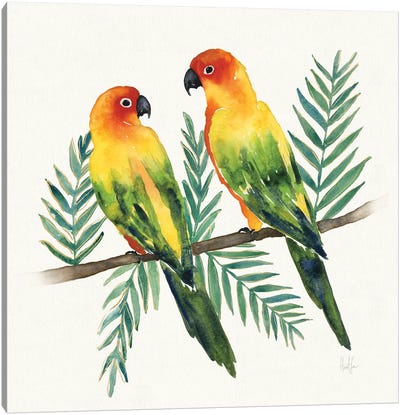 Tropical Fun Bird III (Leafy Branch) Canvas Art Print - Parrot Art