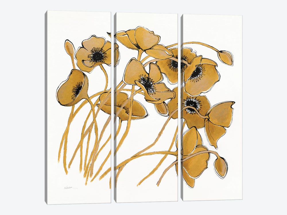 Gold Black Line Poppies II by Shirley Novak 3-piece Canvas Wall Art
