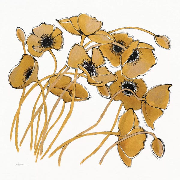 Shirley Novak: Gold Black Line Poppies II by Shirley Novak