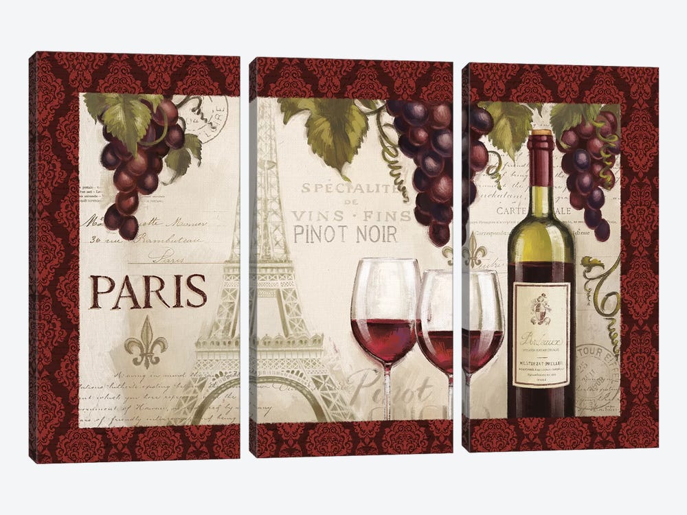 Wine In Paris, Damask Border by Janelle Penner 3-piece Canvas Art Print
