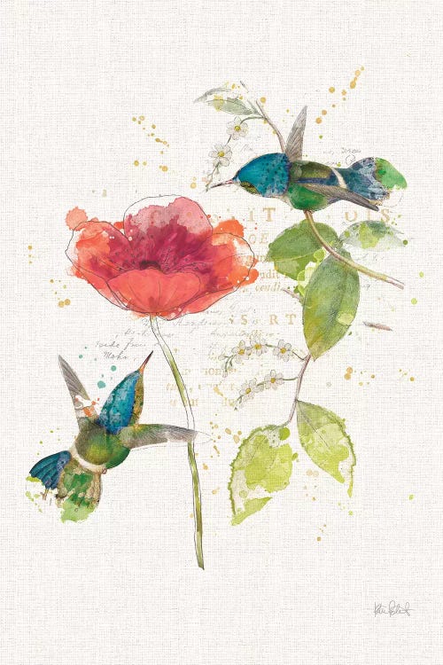 Teal Hummingbirds Flower II by Katie Pertiet wall art