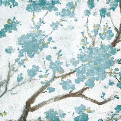 Teal Cherry Blossoms I On Cream Aged, No Bird by Danhui Nai framed canvas print