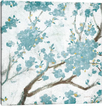 Teal Cherry Blossoms I On Cream Aged, No Bird Canvas Art Print - Cherry Tree Art