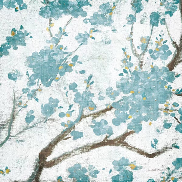 Cherry Trees: Teal Cherry Blossoms I On Cream Aged, No Bird by Danhui Nai