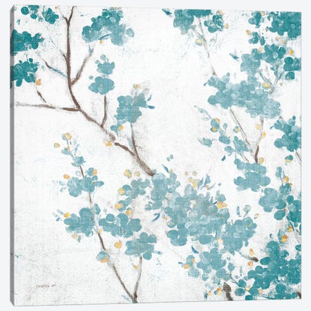 Teal Cherry Blossoms II On Cream Aged, No Bird Canvas Print #WAC8407} by Danhui Nai Canvas Wall Art
