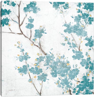 Teal Cherry Blossoms II On Cream Aged, No Bird Canvas Art Print - Cherry Tree Art
