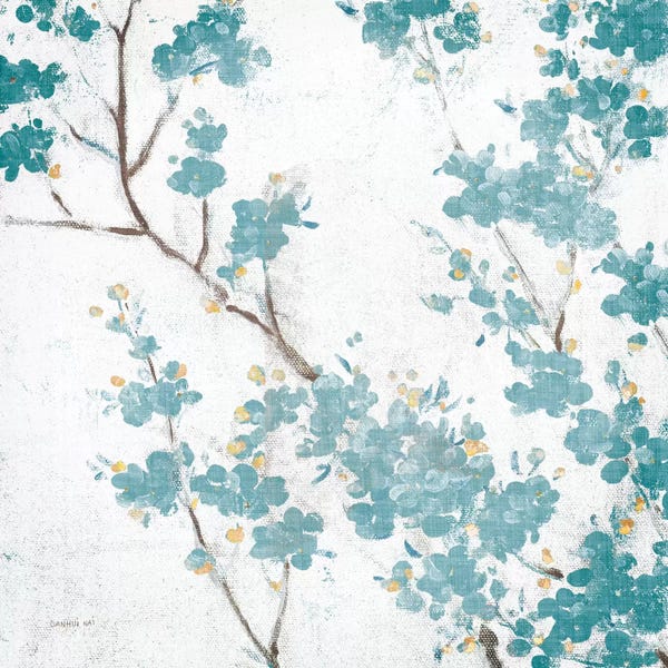 Cherry Trees: Teal Cherry Blossoms II On Cream Aged, No Bird by Danhui Nai