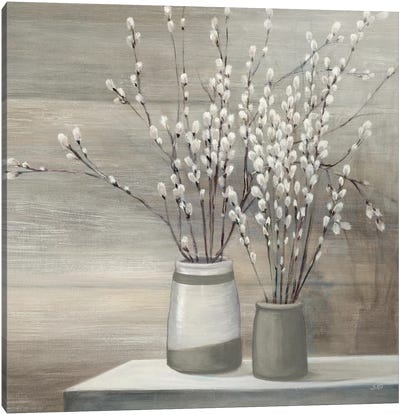 Pussy Willow Still Life Gray Pots Crop Canvas Art Print - Country Décor