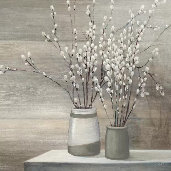 Floral & Botanical: Pussy Willow Still Life Gray Pots Crop by Julia Purinton