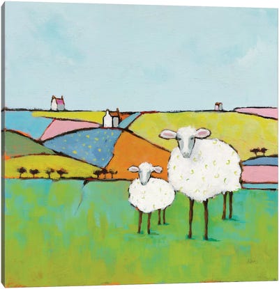 Sheep In The Meadow Canvas Art Print - Hill & Hillside Art