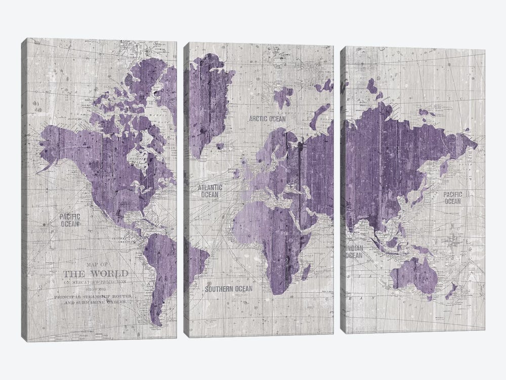 Old World Map In Purple And Gray by Wild Apple Portfolio 3-piece Canvas Wall Art